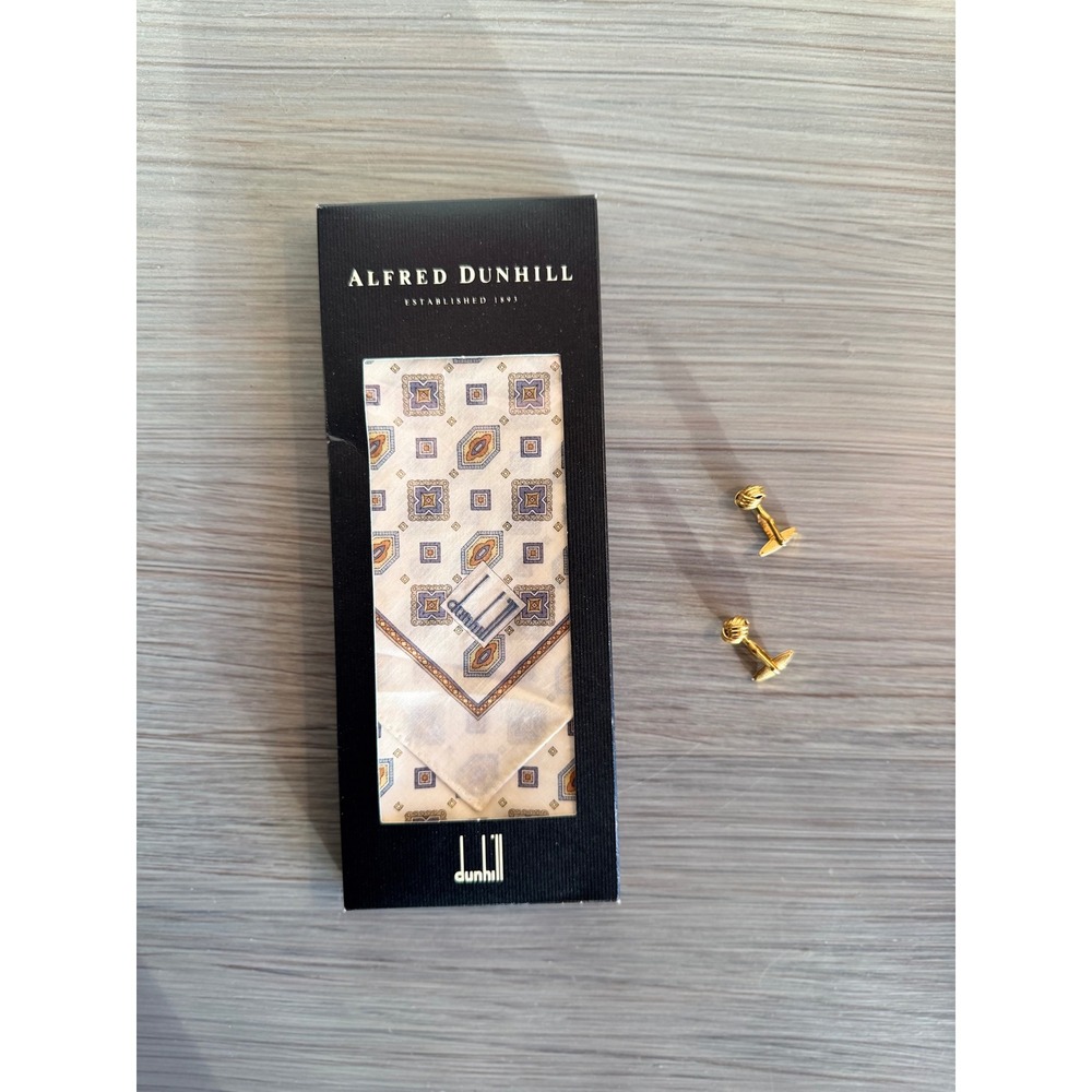 Alfred Dunhill Square Handkerchief box gift  Knot Cufflinks gold tone Set of 2‎